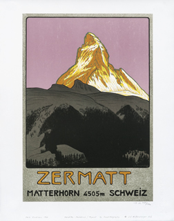 Sun-lit mountain peak at sunset; black, yellow, lilac, white