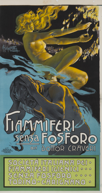 Devil holds his head as woman lights matches above him; yellow, blue, brown