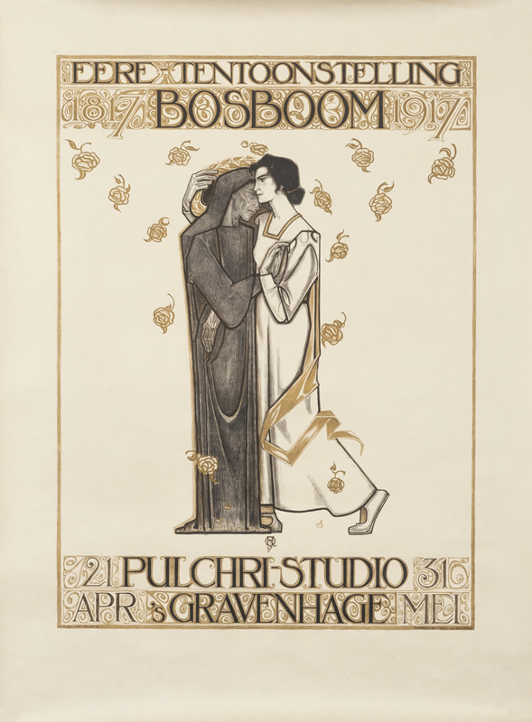 Two figures embrace among falling leaves; gray, white.