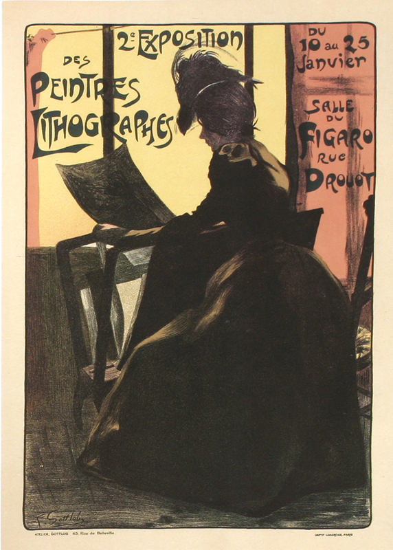 Seated woman looking at prints; orange, yellow, gray