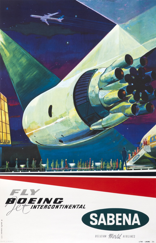 Close-up view of Boeing jet with people disembarking below; purple, blue, green, red