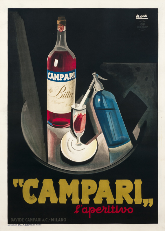 Still life with Campari bottle and seltzer bottle; black, red, blue, yellow