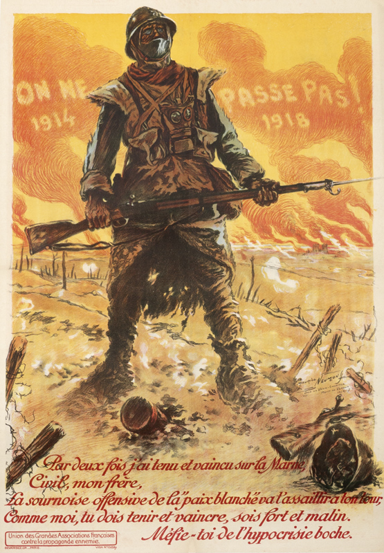 French soldier with rifle surveys fiery battlefield; orange, brown, black