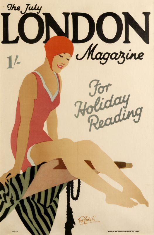 Woman in bathing suit sits on a diving board; orange, pink, green