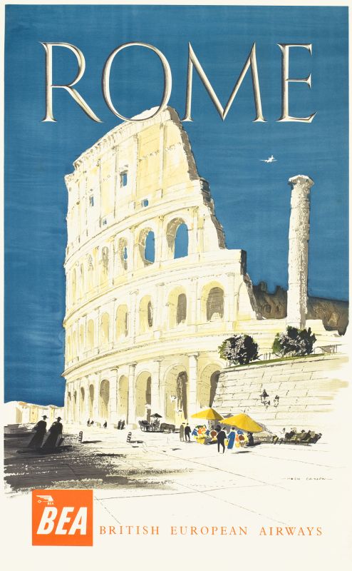 View of Colosseum, tourists, airplane in sky; blue, white, red, yellow