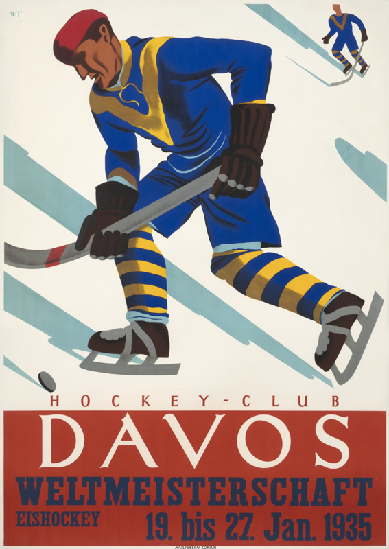 Hockey player racing after puck on the ice; yellow, red, blue