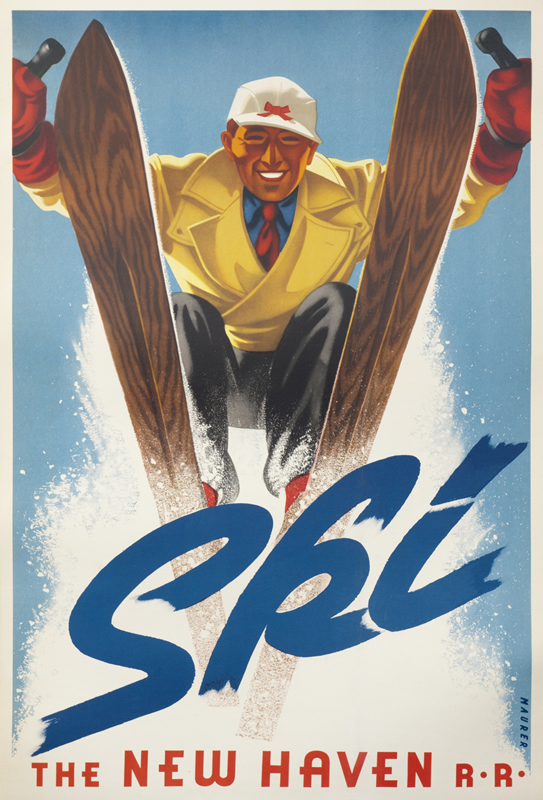 Nattily clad skier zooms out toward viewer; blue, red, brown, yellow