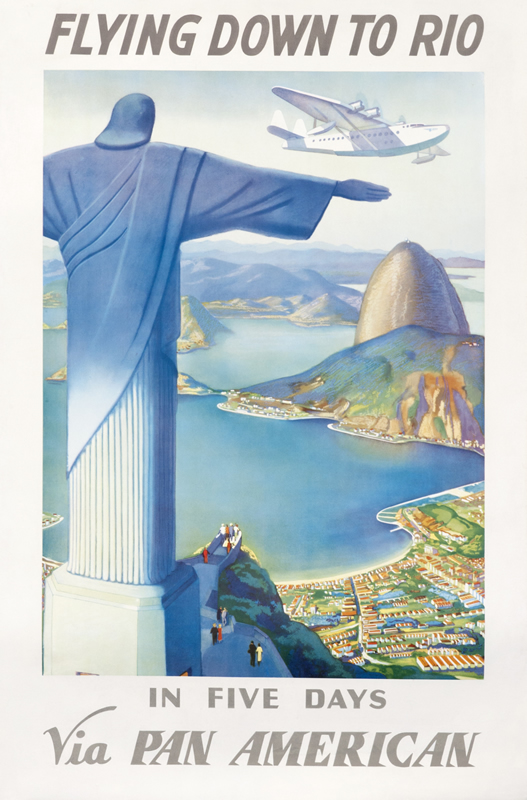 Clipper flies over bay of Rio and the statue atop Corcovado; blue, red, green