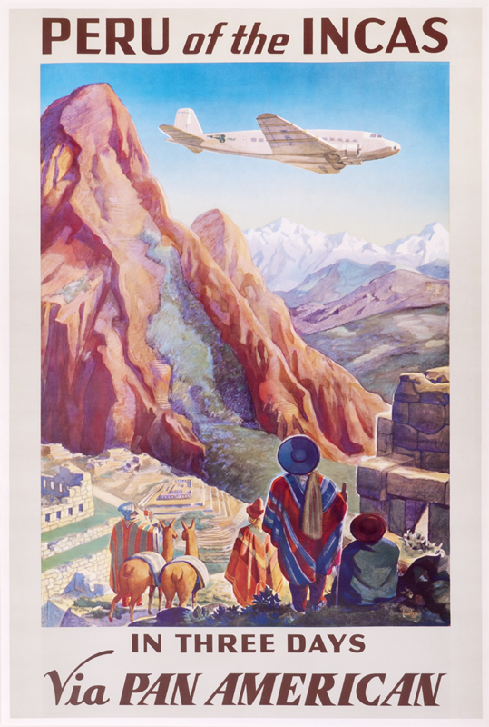 Airplane passes over  Machu Picchu; blue, brown, red, white