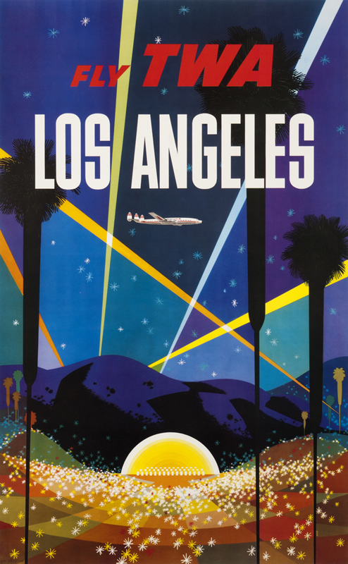 Spotlights crisscross through sky over Los Angeles; red, blue, purple, yellow