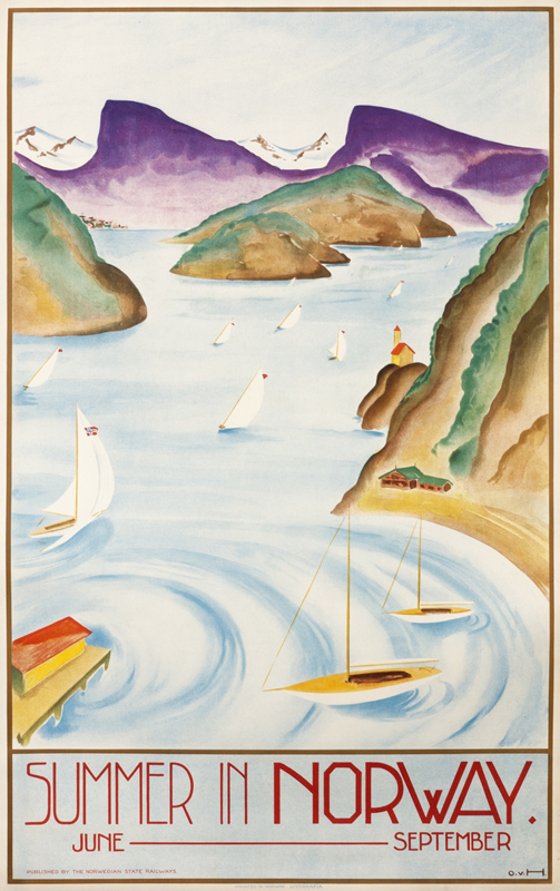 sailboats in harbor with mountains; blue, beige, green, purple