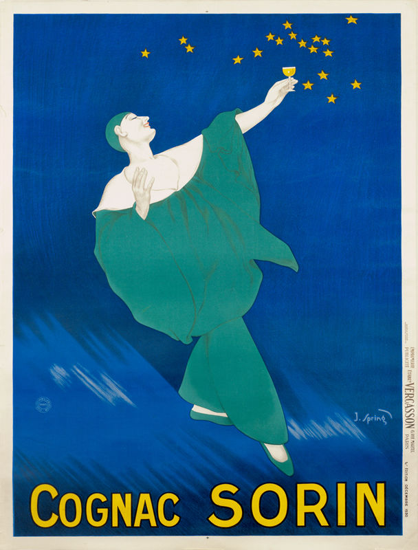 Pierrot figure toasts the sky; blue, turquoise