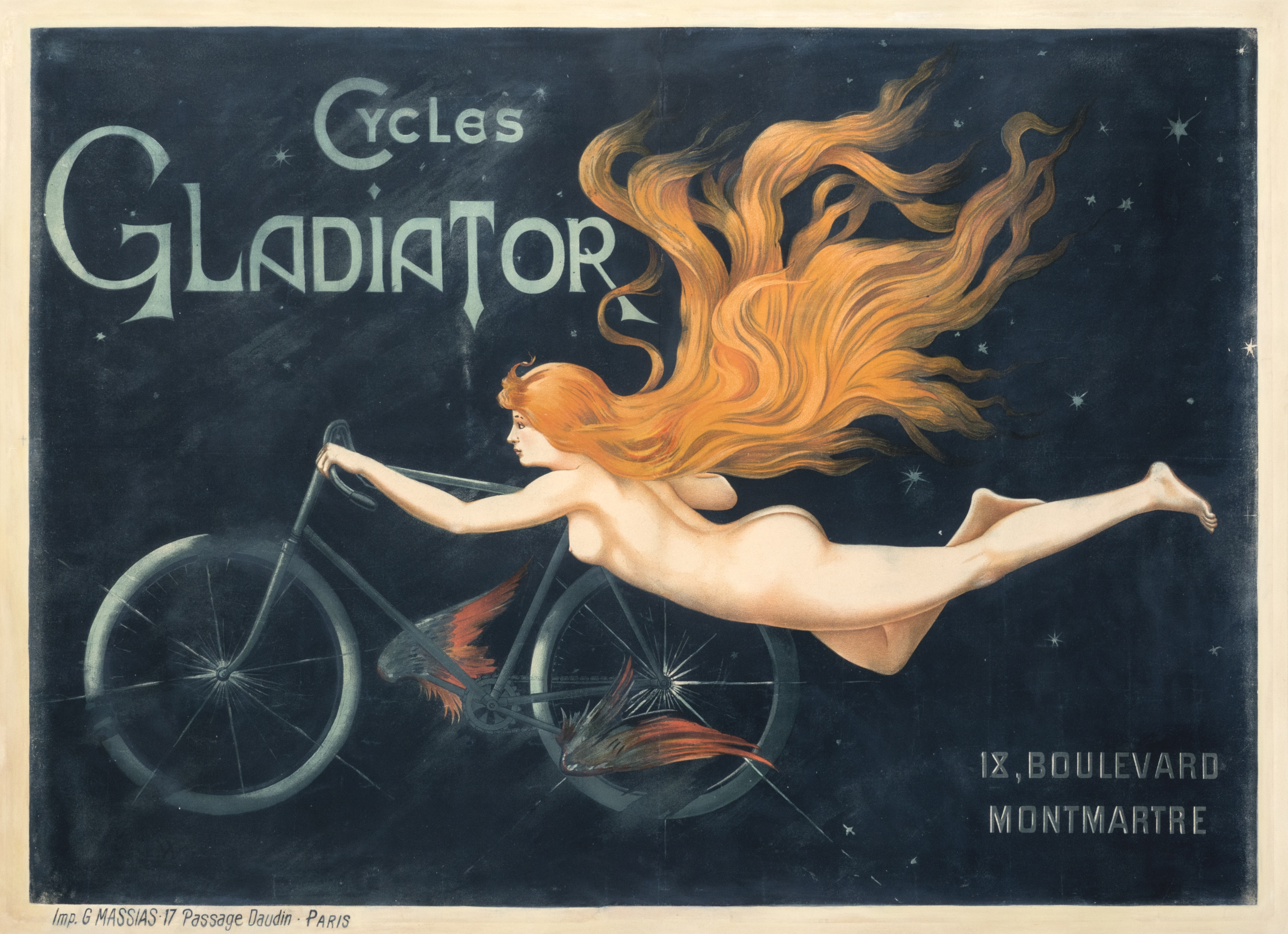 Naked woman with flowing red hair flies on her bike through the sky; blue, orange