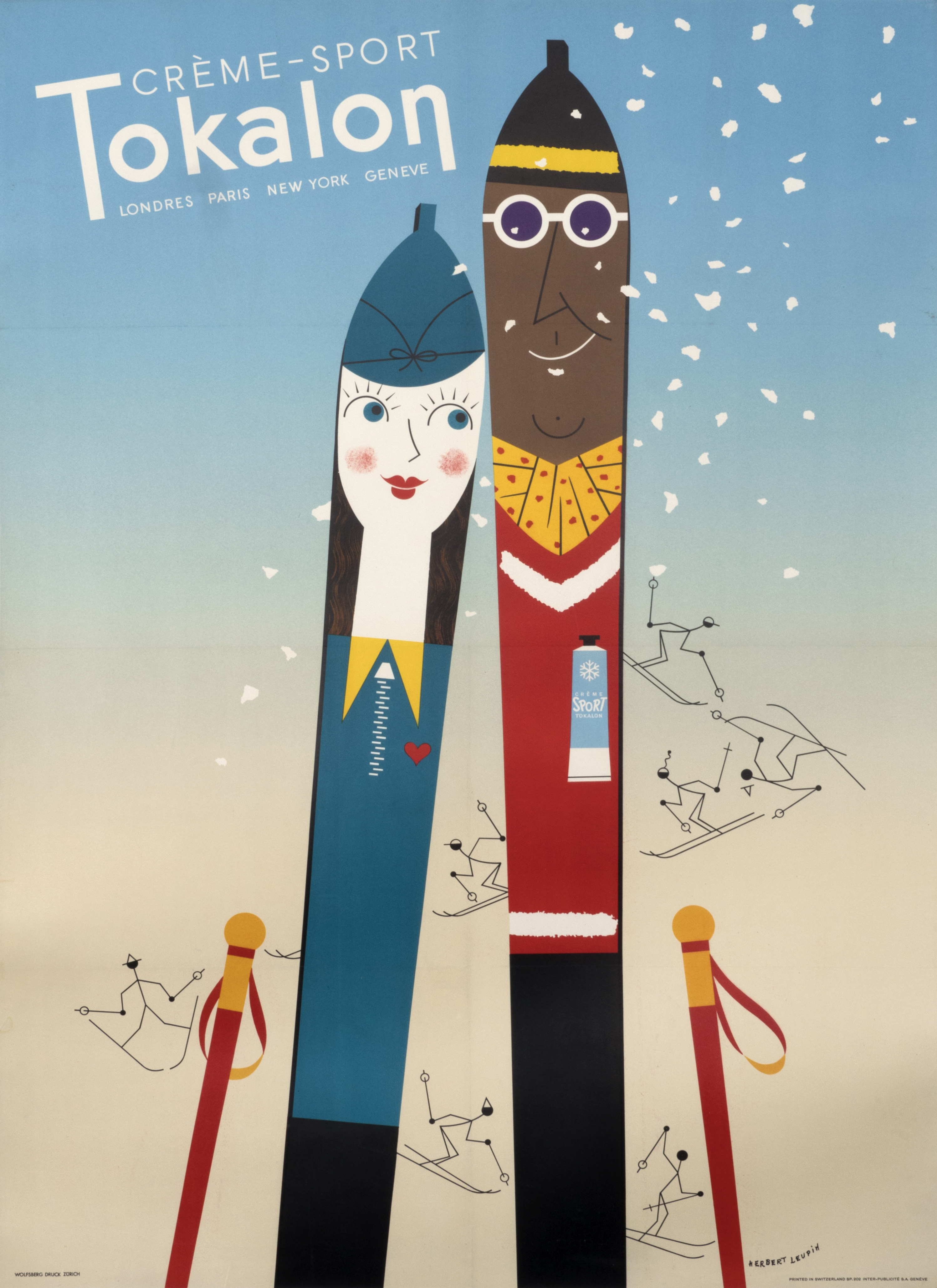 A boy ski and a girl ski in snow; blue, red, brown