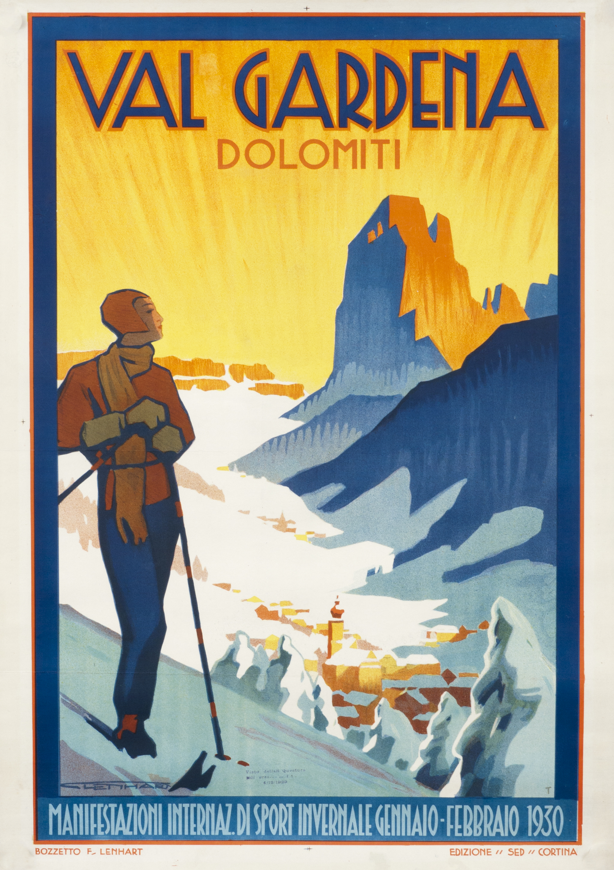 Woman on skis overlooking mountain and village; blue, orange