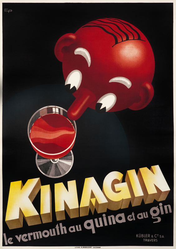 Balding man peers over rim of cocktail glass; red, yellow, black