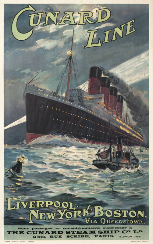 Lusitania slices through the night with tug in foreground lit by lighthouse; blue, red