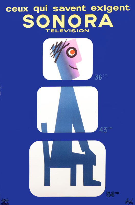 Cartoon man sits, enveloped by three abstract televisions; blue, white, pink, yellow