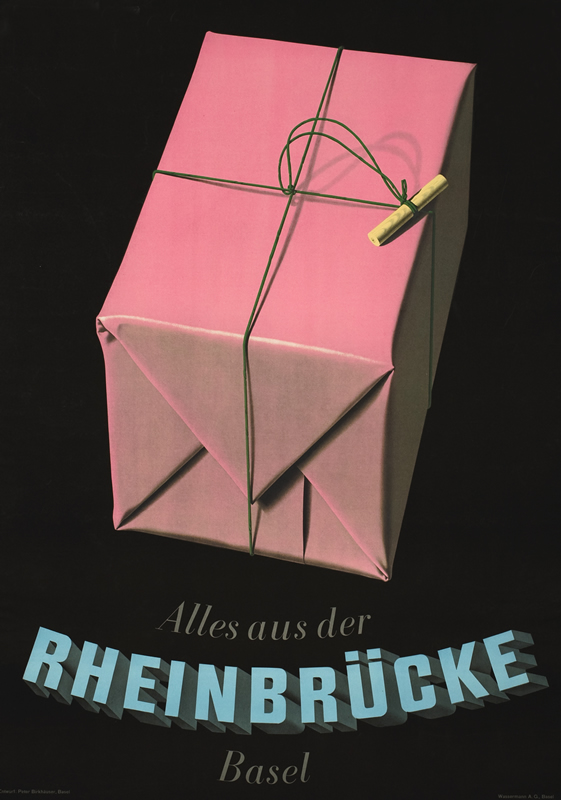 Neatly wrapped package over text; pink, black, blue