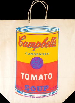 Technicolor Campbell's Tomato Soup can on paper bag; orange, pink, blue