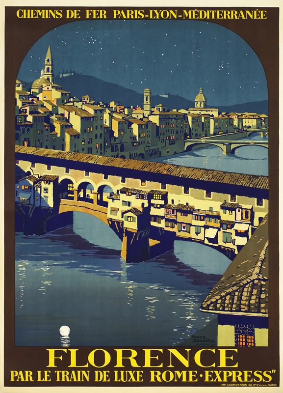 View of Ponte Vecchio and Arno River bank at night; brown, blue, yellow