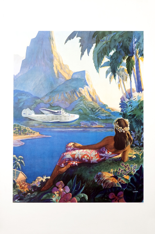 Clipper plane flies low over island while young woman watches; blue, red, green