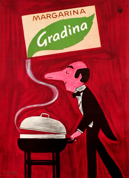Waiter with pronounced nose inhales aroma as dish is brought to table; red, black, green