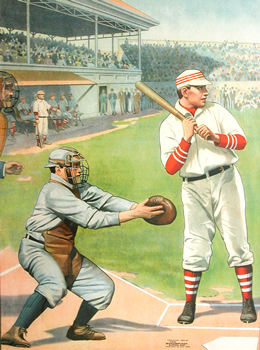 Batter and catcher get ready for pitch with excited crowd; green, grey, white, red