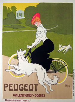 Woman rides bicycle as dog runs alongside; green, black, white, red