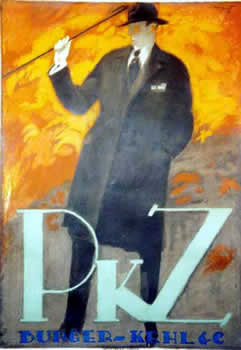 Man in snazzy topcoat & cane walks through fiery Autumn scene; grey, orange, blue