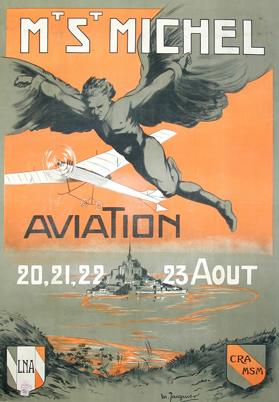 Icarus and an Antoinette airplane above Mt St Michel; gray, orange