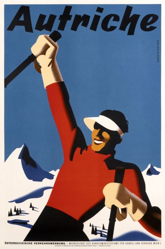 Skier waves; red, blue, white