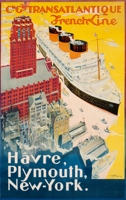 Normandie docked in New York alongside buildings; pink, yellow, orange, red