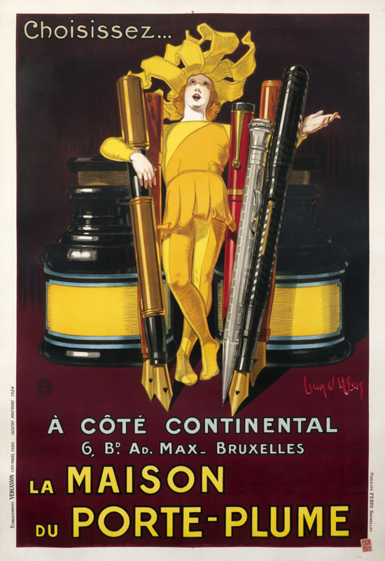 Jester flanked by ink wells and fountain pens; yellow, orange, red