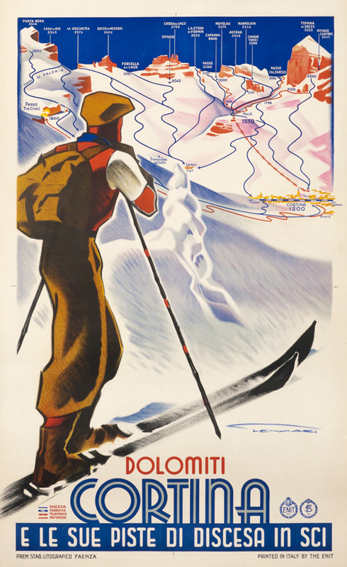 Man on ski with mountains in back that have names; blue, red, brown, white