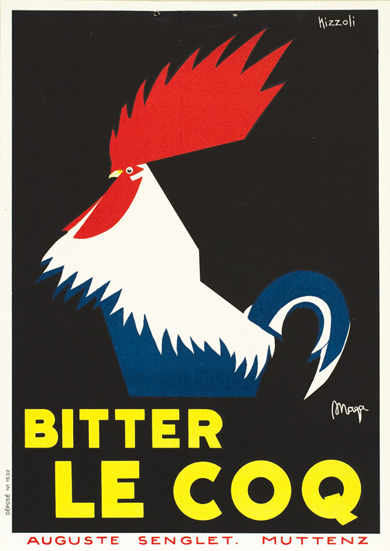 Rooster; black, white, red, blue