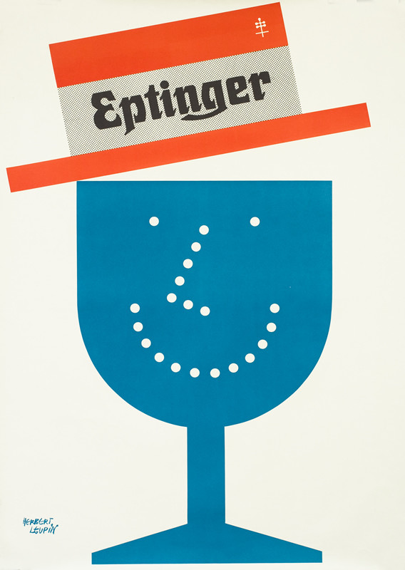 smiling anthropomorphized glass with hat tipped; blue, red, black