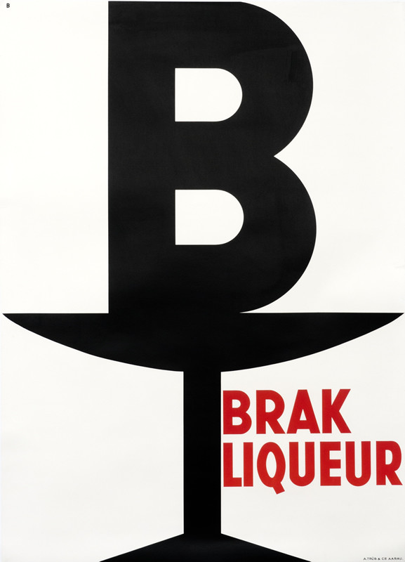 Letter B on top of Martini glass; red, white, black