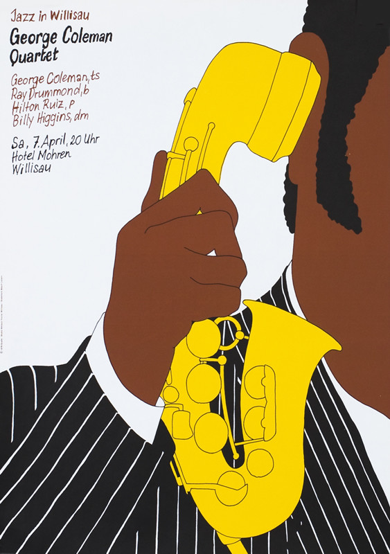 Man holds saxophone to ear like telephone; yellow, black, white
