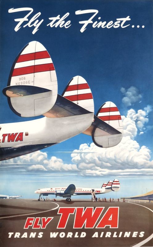 Three constellation planes on runway; white, red, blue