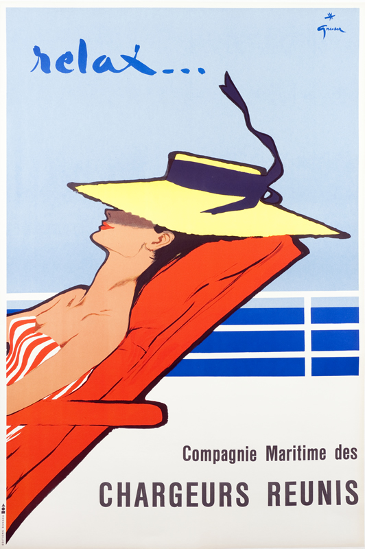 Woman sunbathes on cruise ship; red, peach, blue, white