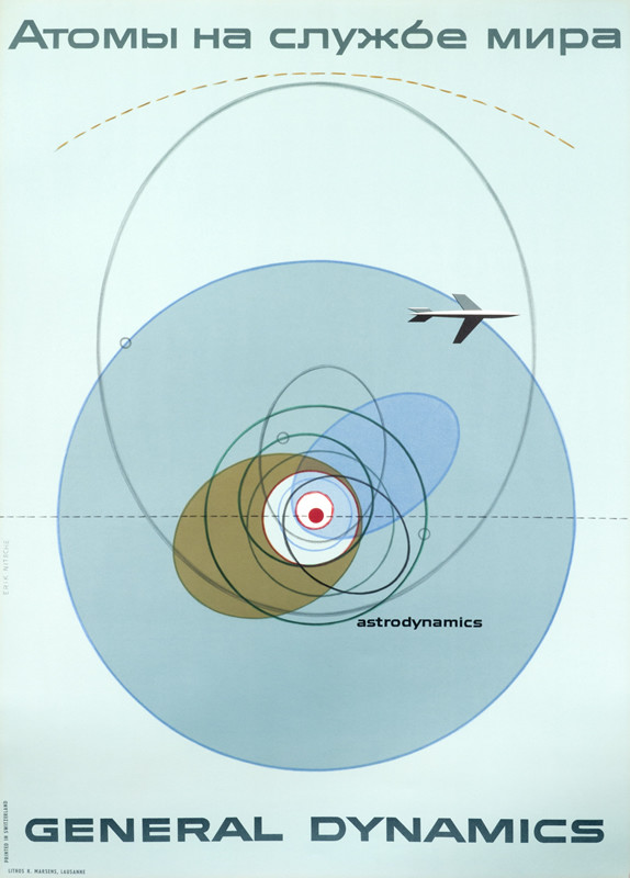 Electrons orbiting atom, airplane, Russian text above; blue, brown, red