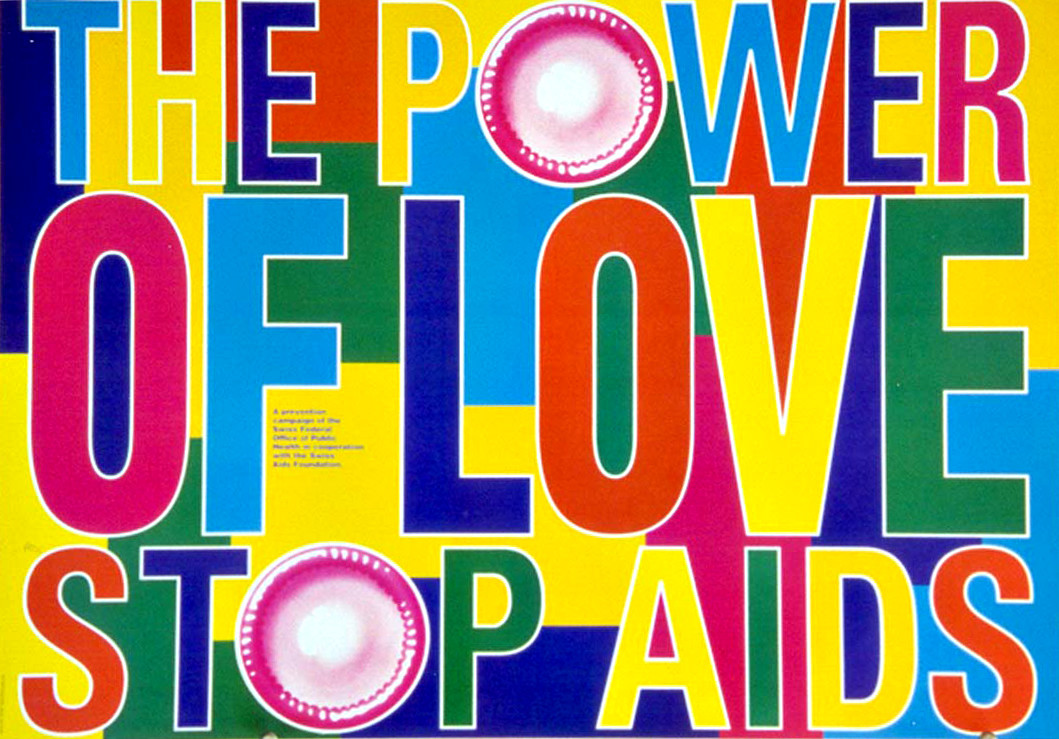 Psychedelic colored poster with condoms as 'O's; yellow, pink, red, blue, green