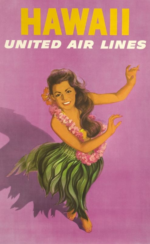 Woman performing hula dance, wearing grass skirt and lei; pink, green, orange