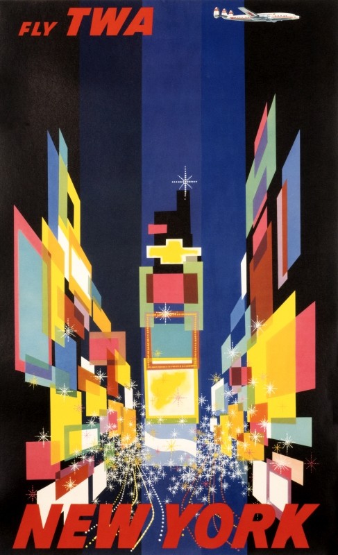 The bright lights, traffic, and billboards of Times Square, Constellation plane flying above ; black, pink, yellow, blue, purple