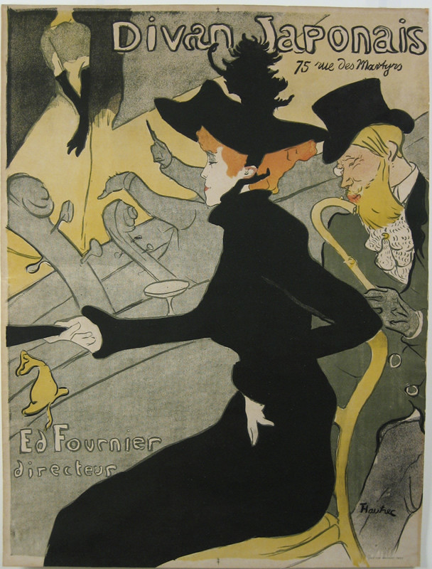 Woman in black and man in top hat watching stage show; black, orange, yellow