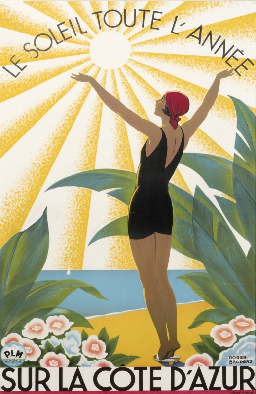 Woman in bathing suit salutes the sun on beach; yellow, green, blue, red