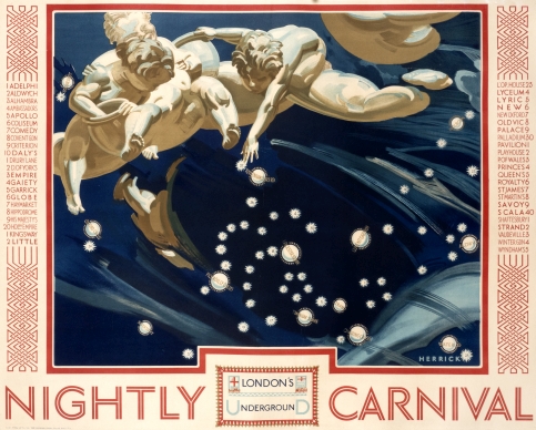 Cherubs fly over night sky with constellation of Underground stops; red, blue, white