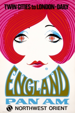 Woman's face with Union Jack eyes, Pan Am dimple; red, pink, blue, green