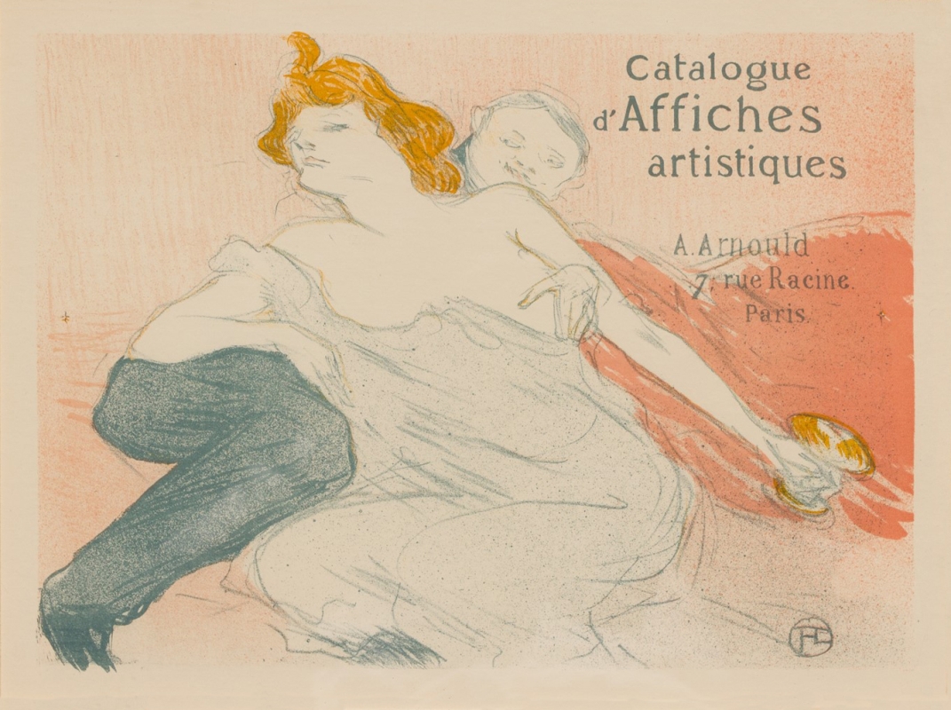 A half clothed woman on a sofa with a finished champagne glass while a lover fondles her; red, black